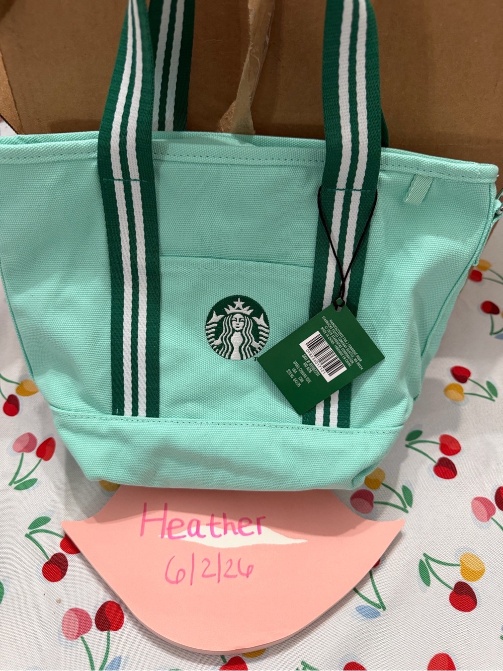 Starbucks Mint Green Canvas Tote with Dark Green Striped Handles